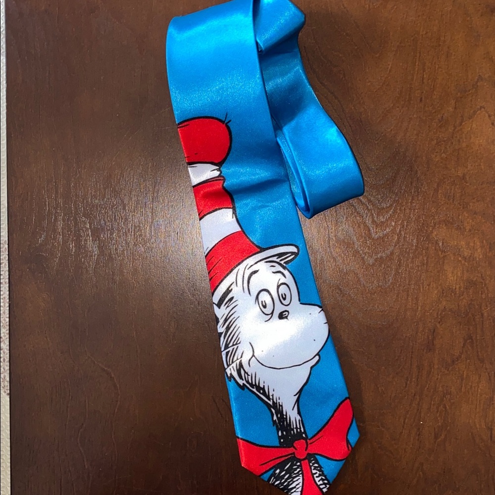 Dr. Seuss Cat In The Hat Close Up Design Blue Polyester Mens Satin Necktie
